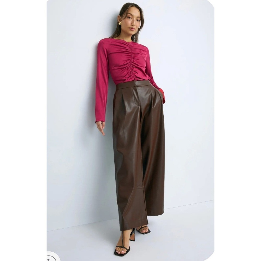 Peter Som Faux Leather Trousers Brown Pants Wide Leg Pleated Sz 8